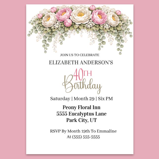 Invitation Jolie Pivoine Rose et Blanche 40e Anniversaire (Elegant pink peony and eucalyptus floral 40th birthday party invitation for women
)