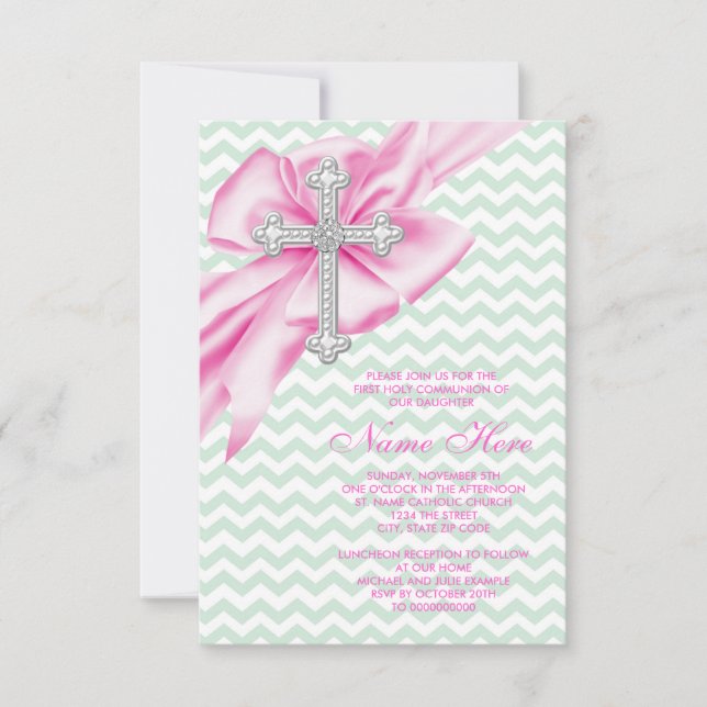 Invitation Jolie Première Communion Rose et Vert Chevron (Devant)