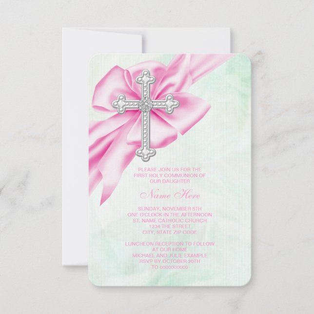 Invitation Jolie première communion rose et verte (Devant)