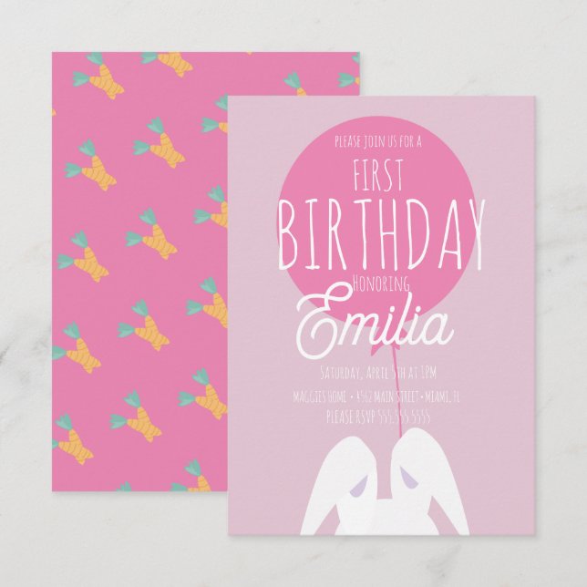 Invitation Jolie première fête de lapin d'anniversaire Invita (Devant / Derrière)