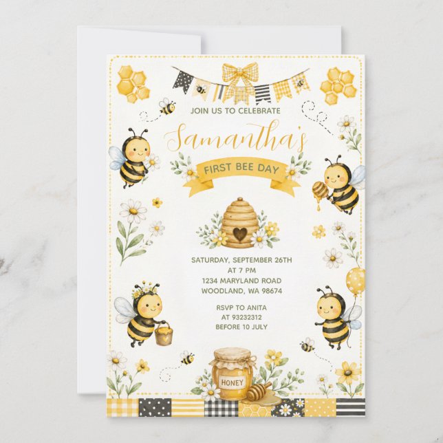 Invitation Jolie première journée d'abeille anniversaire Dais (Devant)