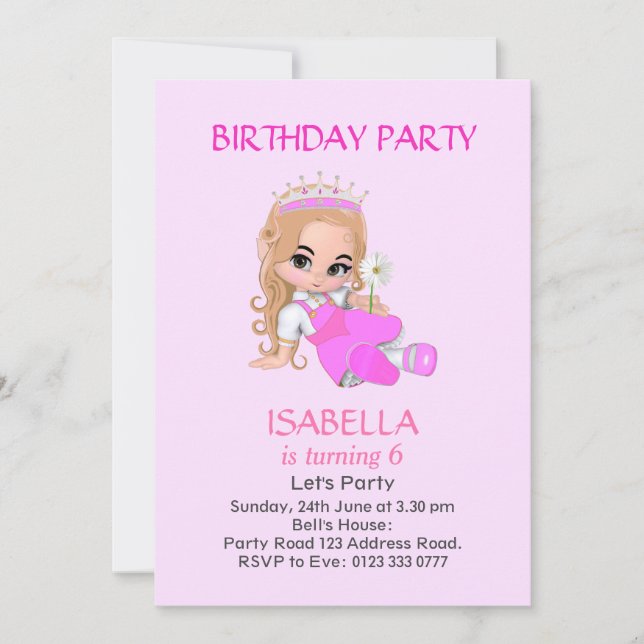 Invitation Jolie princesse à la fête d'anniversaire 6 ans sur (Devant)