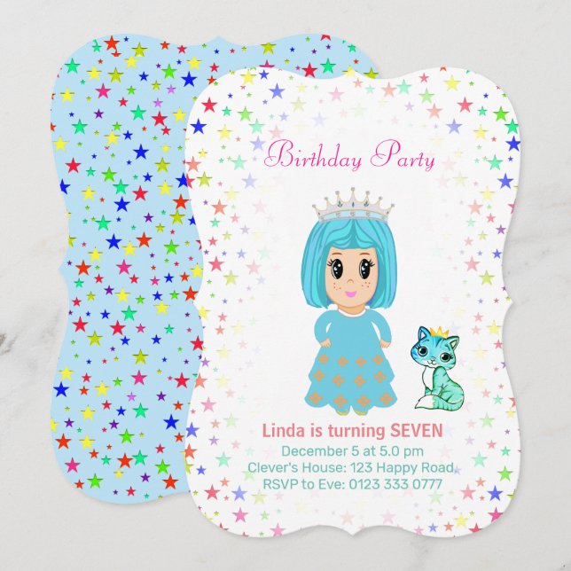 Invitation Jolie princesse avec chaton pour un 7ème anniversa (Devant / Derrière)