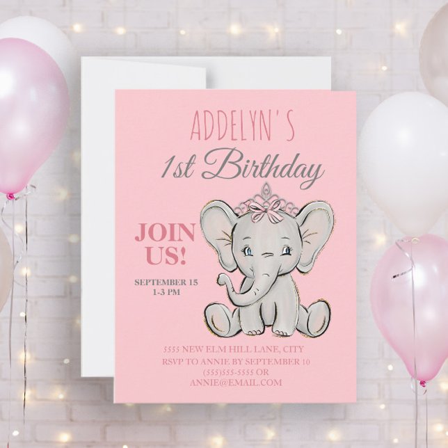 Invitation Jolie princesse éléphant petite fille 1er annivers (Créateur téléchargé)