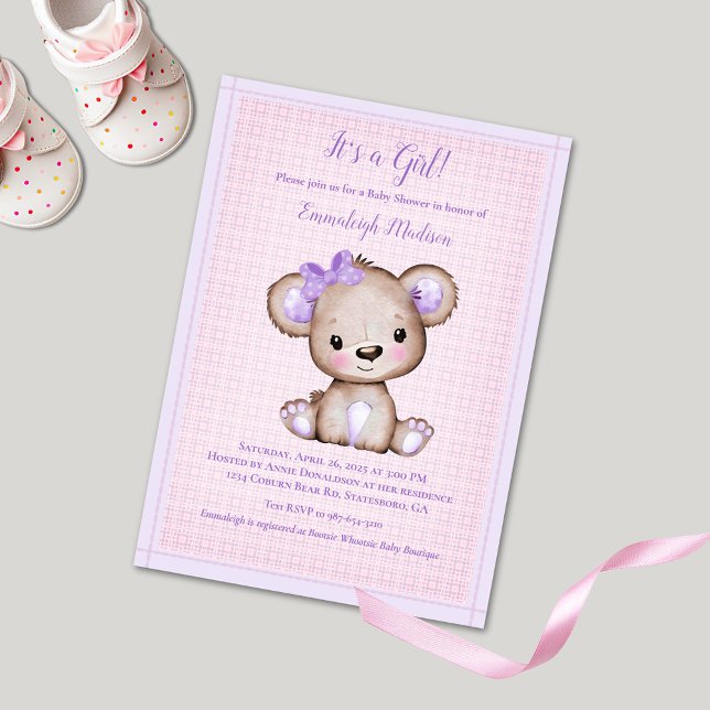 Invitation Jolie Purple Brown fille ours Baby shower Invitati (Créateur téléchargé)