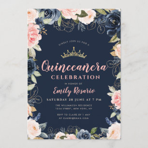 Invitation Jolie quinceañera bleue marine et florale rousse