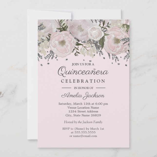 Invitation Jolie Quinceanera florale rose argent rose (Devant)