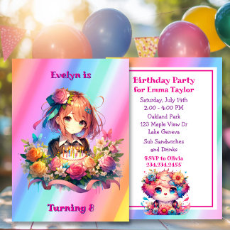 Invitation Jolie Rainbow Anime Fête d'anniversaire de fille