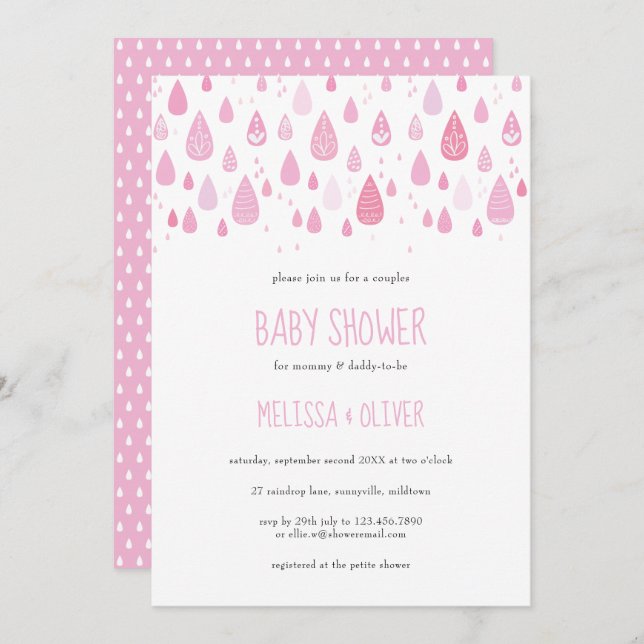 Invitation Jolie Raindrops rose Baby shower Couples (Devant / Derrière)