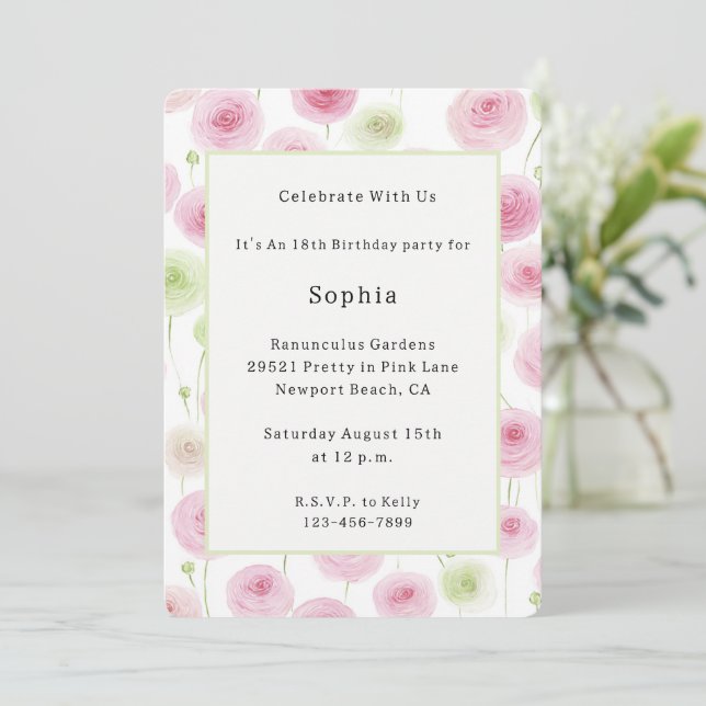 Invitation Jolie Ranunculus Rose Menthe Anniversaire   (Debout devant)