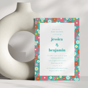Invitation Jolie Rétro Fleurs Années 60 Turquoise Baby Shower