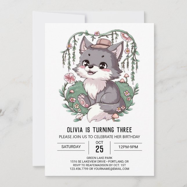 Invitation Jolie rêve loup numérique anniversaire (Devant)