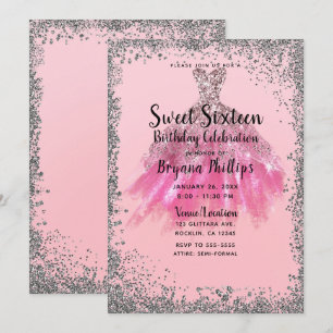 Invitation Jolie robe de fête Parties scintillant rose argent