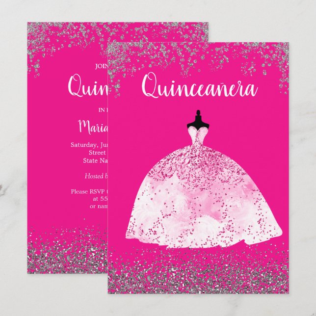 Invitation Jolie robe rose Quinceañera 15e anniversaire Invit (Devant / Derrière)