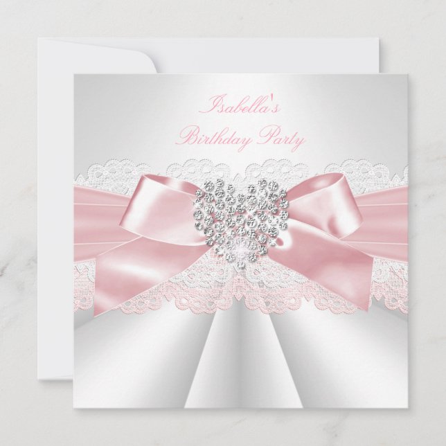 Invitation Jolie rose Blanc Diamond Coeur Anniversaire (Devant)