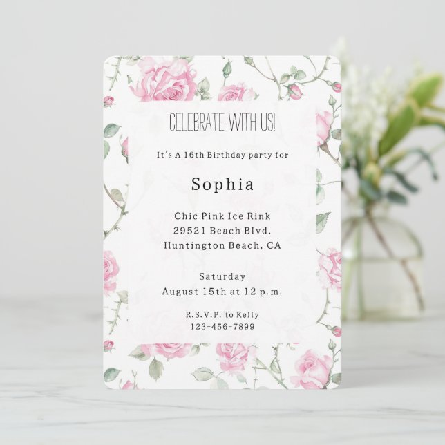 Invitation Jolie rose blanche roses rose Floral Anniversaire (Debout devant)