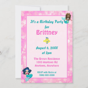 Invitation Jolie rose Bokeh Mermaid Thème Anniversaire