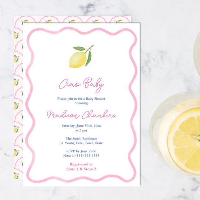 Invitation Jolie rose Ciao bébé fille au citron Baby Shower (Ciao Baby Pretty Pink Wavy border citrus lemons baby shower invite with scallop pattern reverse)