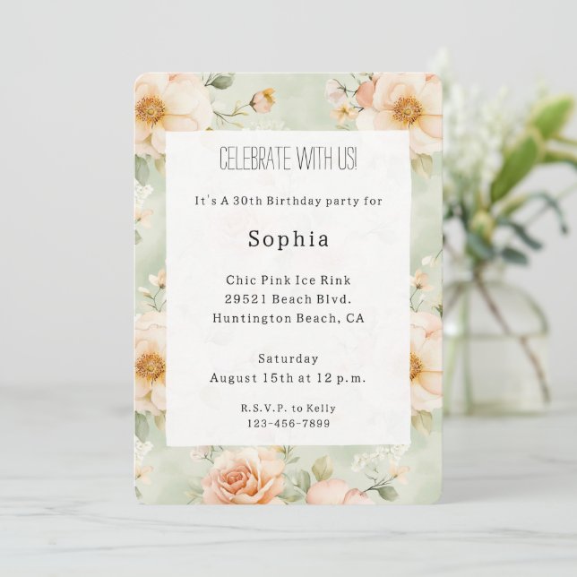 Invitation Jolie rose florale anniversaire pêche menthe (Debout devant)
