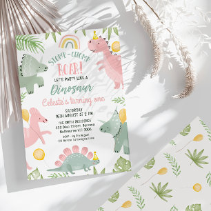 Invitation Jolie Rose Green Girls Dinosaur 1er anniversaire