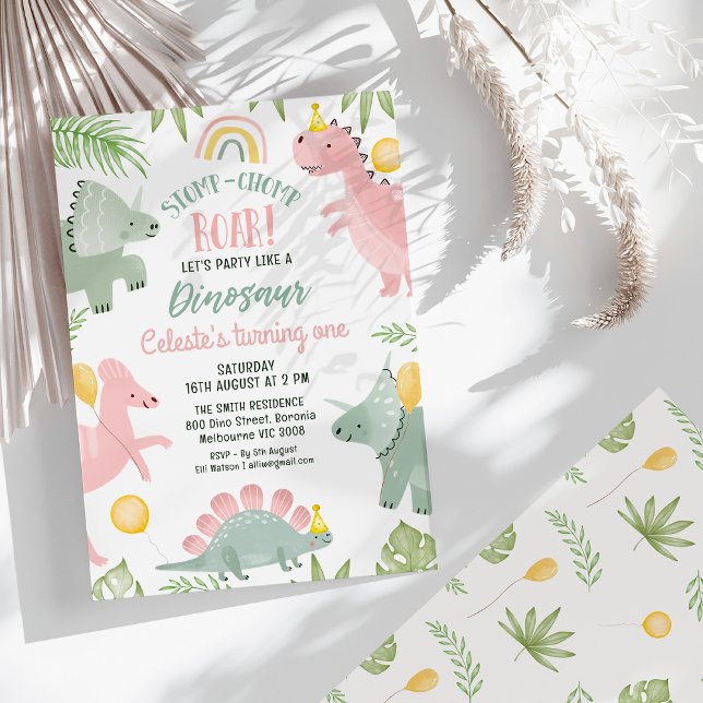 Invitation Jolie Rose Green Girls Dinosaur 1er anniversaire (Pink Party Like Dinosaur 1st Birthday Invitation Girl, Stomp Chomp Roar Dino Birthday Invitation)