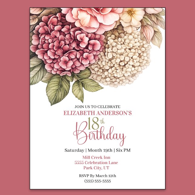Invitation Jolie Rose Hydrangea 18e Anniversaire (Pretty Hydrangea and Rose 18th Birthday Invitation For Women.)