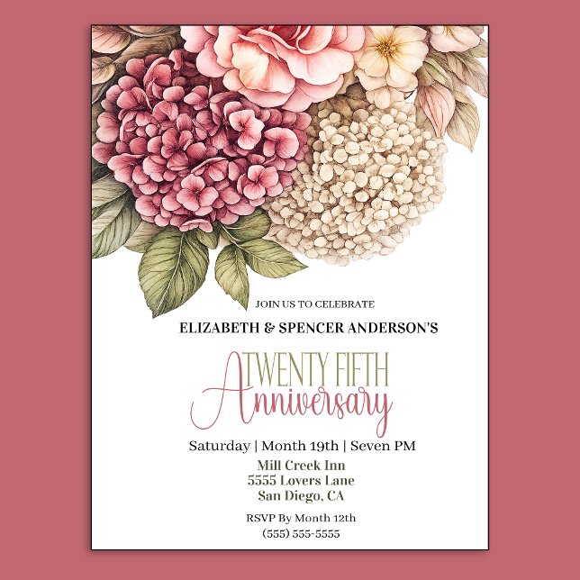 Invitation Jolie Rose Hydrangea 25e Anniversaire  (Pretty Hydrangea and Rose 25th Wedding Anniversary Party Invitation.)