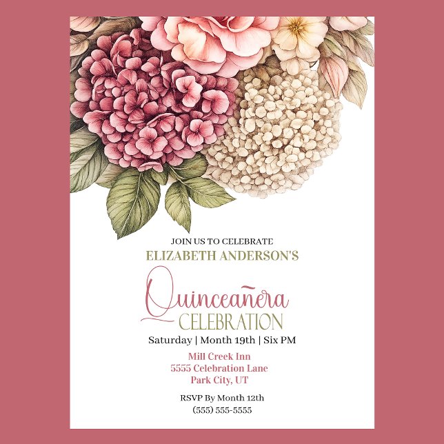 Invitation Jolie Rose Hydrangea Quiceanera Anniversaire (Pretty Hydrangea and Rose Quinceanera Invitation)