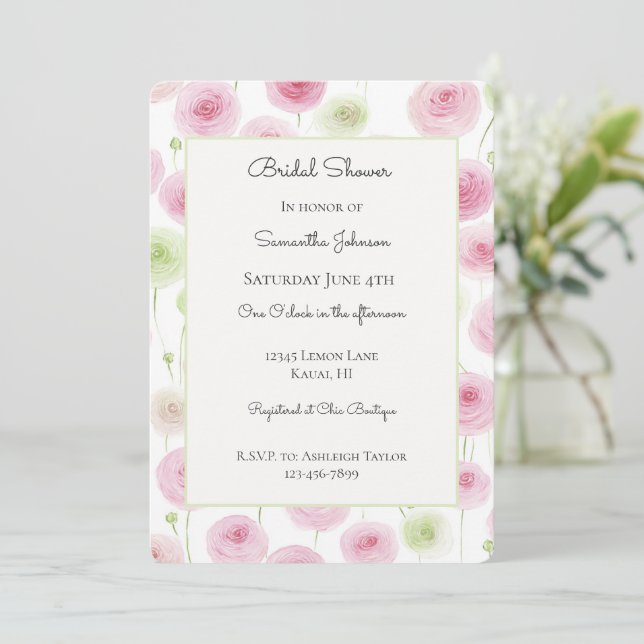 Invitation Jolie rose menthe Ranunculus floral Baby Shower de (Debout devant)