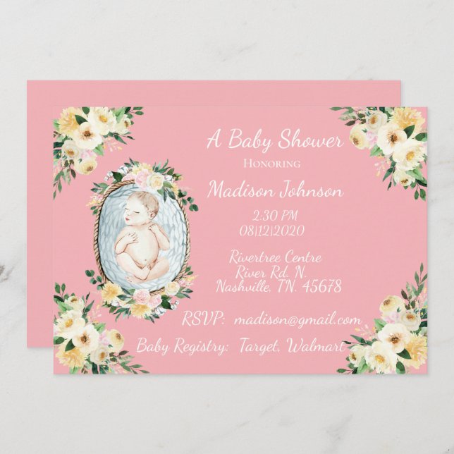 Invitation Jolie rose Nouveau-né bébé fille Douche (Devant / Derrière)
