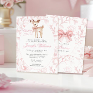Invitation Jolie Rose Oh Cerf avec Ruban Floral Fille Baby Sh