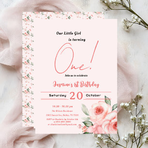 Invitation Jolie Rose Pâle Aquarelle Bébé Fille 1er Anniversa
