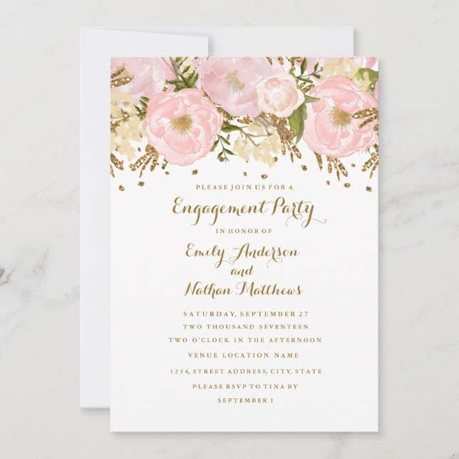 Invitation Jolie rose pâle or floral engagement party (Devant)