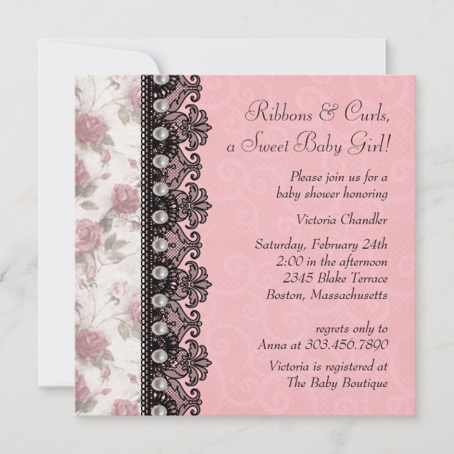 Invitation Jolie Rose Rose Baby Girl Douche (Devant)