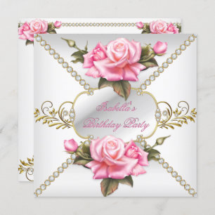 Invitation Jolie rose Roses Blanc Or fête d'anniversaire
