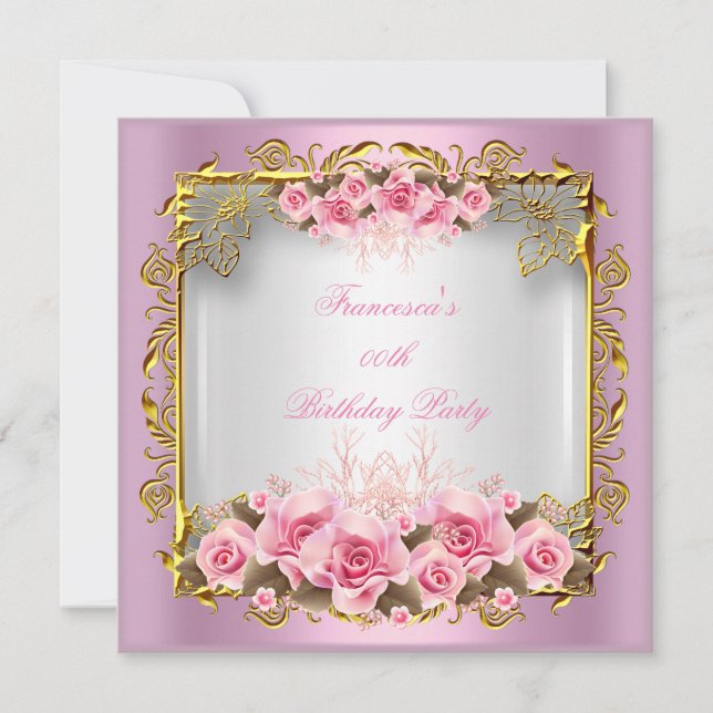 Invitation Jolie rose Roses Blanc Or fête d'anniversaire (Devant)