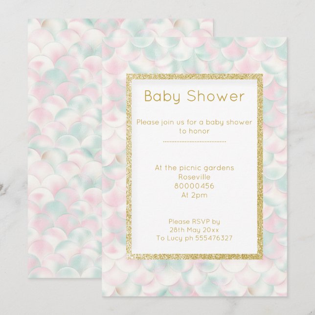 Invitation JOLIE ROSE VERT OR MERMAID baby shower (Devant / Derrière)
