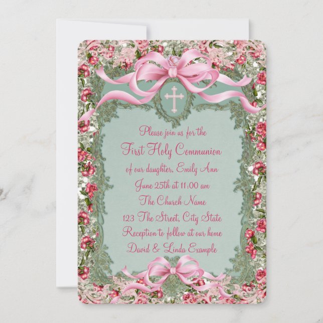 Invitation Jolie rose verte et rose pour la première communio (Devant)