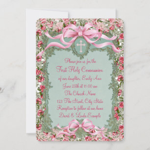 Invitation Jolie rose verte et rose pour la première communio