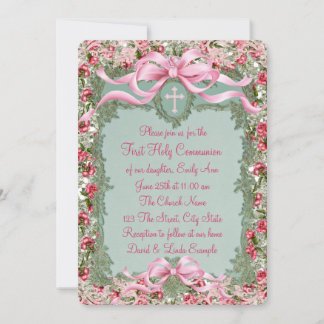 Invitation Jolie rose verte et rose pour la première communio