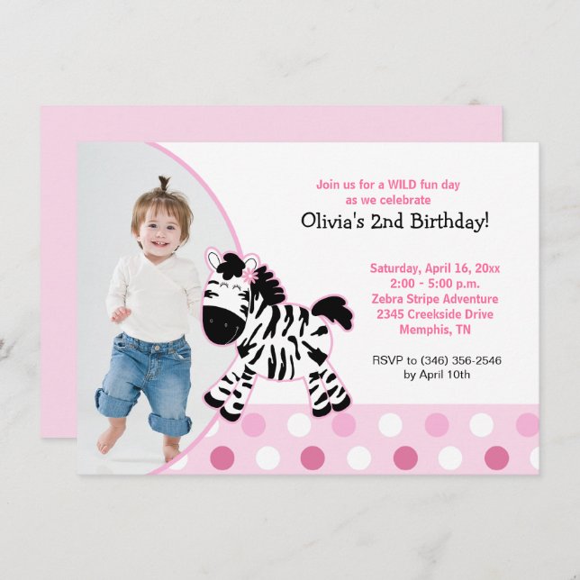 Invitation Jolie rose Zebra Girl Photo Anniversaire Invitatio (Devant / Derrière)