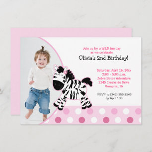 Invitation Jolie rose Zebra Girl Photo Anniversaire Invitatio