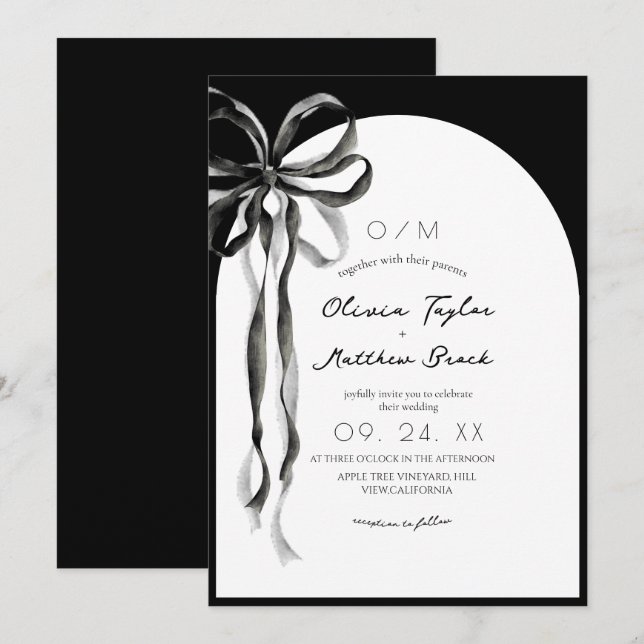 Invitation Jolie ruban aquarelle moderne mariage noir (Devant / Derrière)
