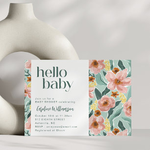Invitation Jolie sage vert rose floral Bonjour Baby Shower