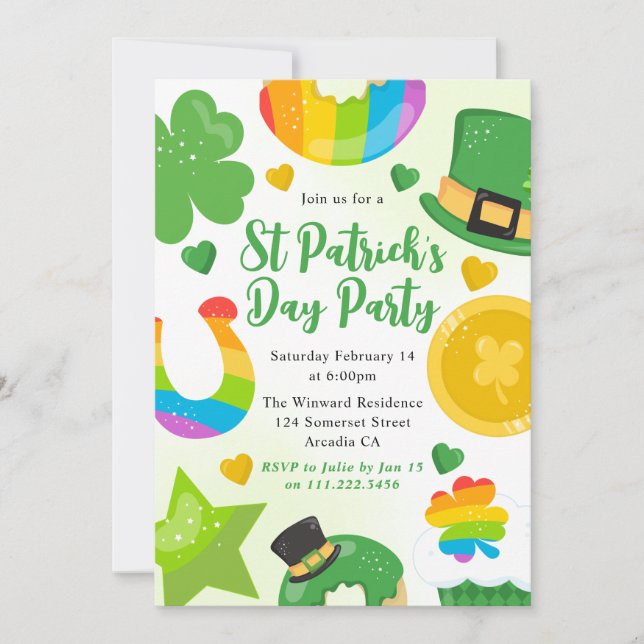 Invitation Jolie Saint-Patrick verte, dorée et arc-en-ciel (Devant)