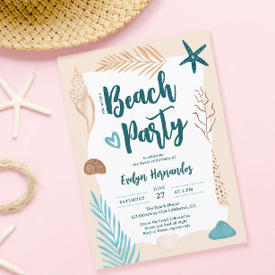 Invitation Jolie Seashells fête de plage en feuille de palmie