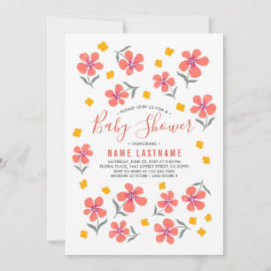 Invitation Jolie simple folk Rouge jaune Baby shower fleurs