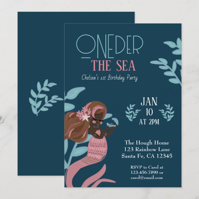Invitation Jolie sirène Oneder Mer Premier Anniversaire (Devant / Derrière)