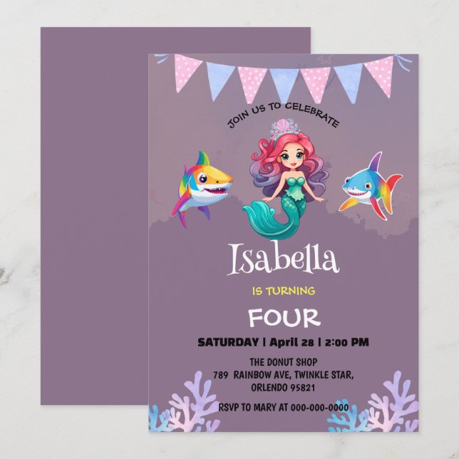 Invitation Jolie Sirène requin arc-en-ciel fête d'anniversair (Devant / Derrière)