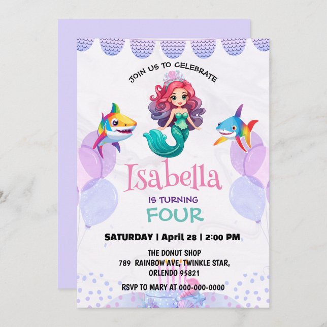 Invitation Jolie Sirène requin arc-en-ciel fête d'anniversair (Devant / Derrière)